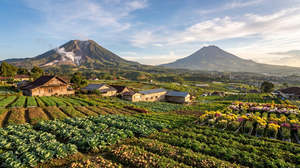 Ladang dan perkebunan di dataran tinggi Berastagi dengan gunung di belakangnya